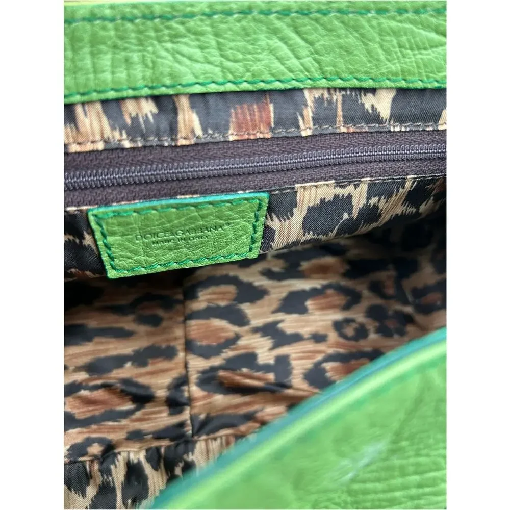 Women's vintage Dolce & Gabanna grainy, leather satchel in neon green made Italy